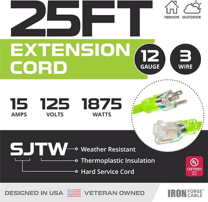 Iron Forge Cable Weatherproof 25 Ft Outdoor Extension Cord Neon Green - Image 2