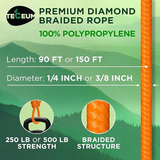 TECEUM Rope – 150 Feet x 1/4 Inch – Orange Yellow – Strong All-Purpose Utility - Image 2
