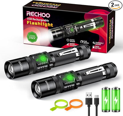 RECHOO Flashlights USB Rechargeable 2 Pack Double Switch S3000L LED Tactical by RECHOO
