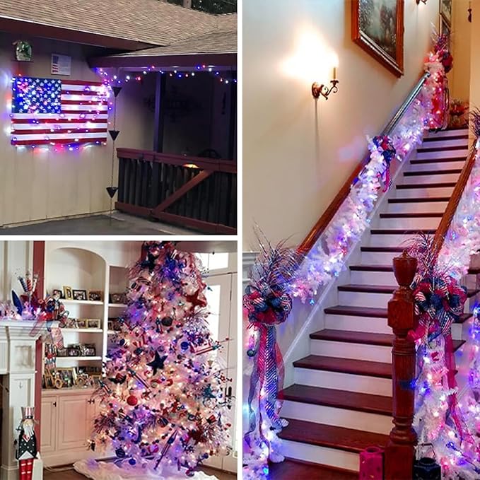 66Ft 200 LED Red White and Blue Fairy Lights Plug in, July 4th Waterproof - Image 6