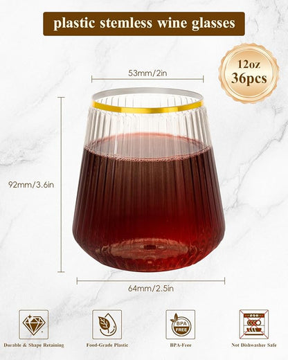 Goodluck 36 Pack 12oz Stemless Plastic Wine Glasses – Clear Ribbed Cups - Image 2
