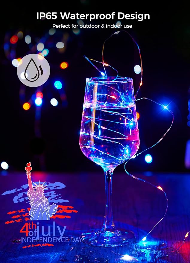 Brightown 4th of July Decor Patriotic Fairy Lights, 7 FT. Silver Wire Red White - Image 3