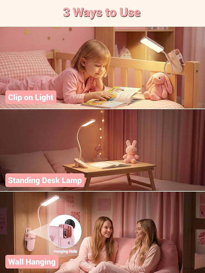 Pink Desk Lamp with Clamp Light, 9 Brightness+5 Color Clip on Light, 4000mAh - Image 7