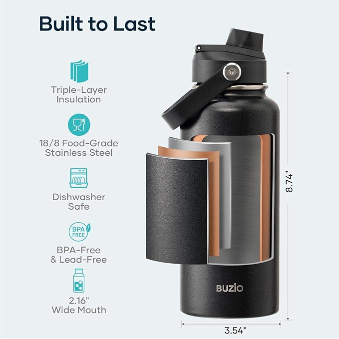 BUZIO Stainless Steel Water Bottle, 32 oz Vacuum Insulated Water Bottle - Image 4