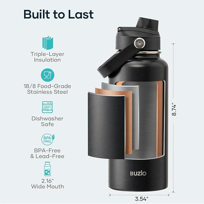 BUZIO Stainless Steel Water Bottle, 32 oz Vacuum Insulated Water Bottle - Image 4