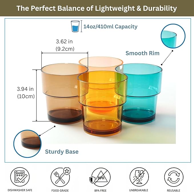 14 oz Plastic Stackable Drinking Tumblers, Dishwasher Safe, Durable - Image 7