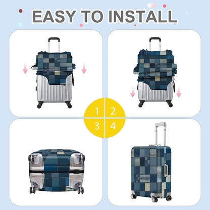ANNA QUEEN Blue Patchwork Luggage Cover, Modern Grid Suitcase Protector - Image 5