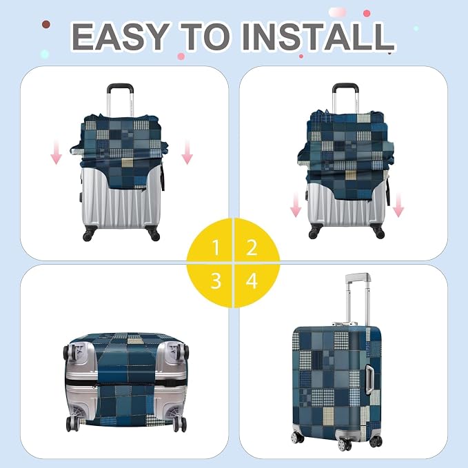 ANNA QUEEN Blue Patchwork Luggage Cover, Modern Grid Suitcase Protector - Image 4