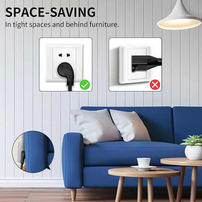 Miady Flat Plug Extension Cord 1 Ft, 90 Degree Plug Adapter, 3 Prong Grounded - Image 3