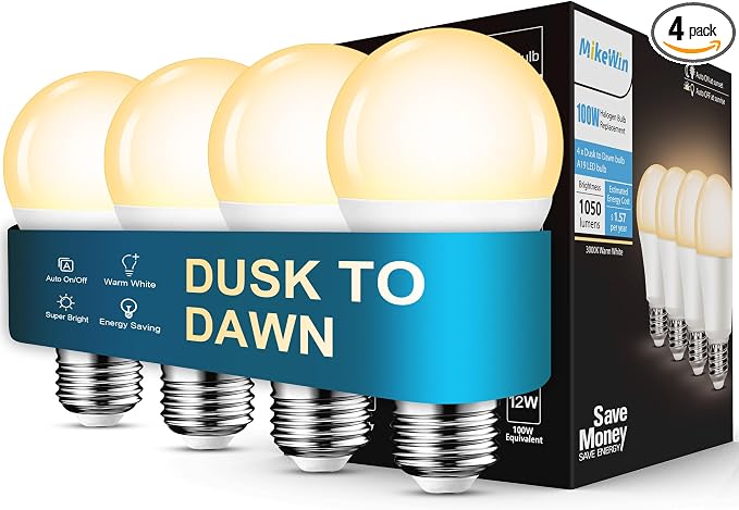 MikeWin Dusk to Dawn Light Bulbs Outdoor, 3000K Warm White, 12W Auto ON/Off by MikeWin