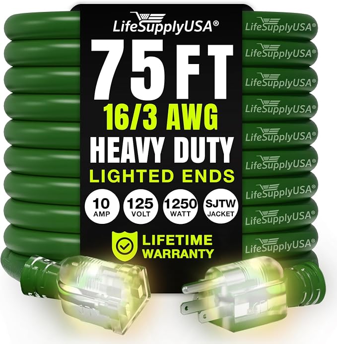 75ft Outdoor/Indoor Extension Cord 16/3 Gauge Heavy Duty 3 Prong SJTW, by LifeSupplyUSA