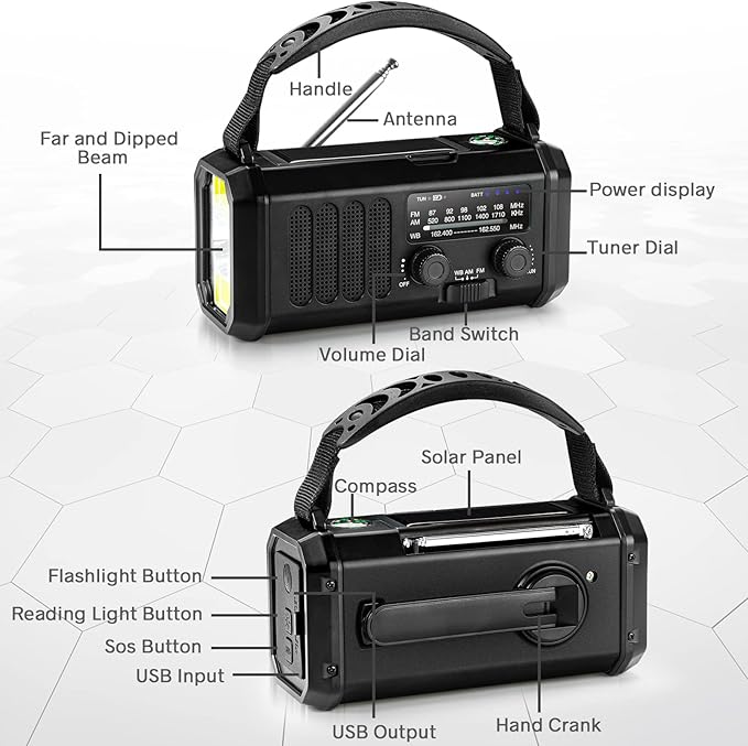 Leaton Emergency NOAA Weather Radio, 10000mAh/37000mWh, Solar Hand Crank Radio - Image 4