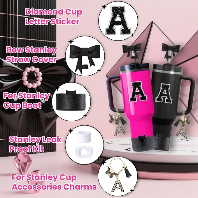 MOTEERLLU 6pcs Black Stanley Cup Accessories Set, Bow Straw Topper - Image 2