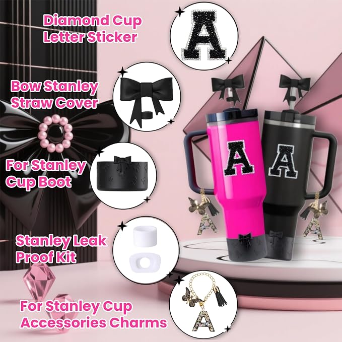 6pcs Black Stanley Cup Accessories Set, Bow Straw Topper - Image 2