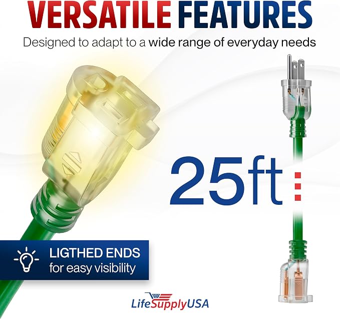 25ft Outdoor/Indoor Extension Cord 12/3 Gauge Extra Heavy Duty 3 Prong SJTW - Image 6