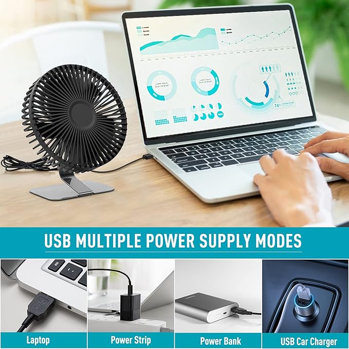 SLENPET 6-inch USB Small Desk Fan, 4 Speeds, Ultra-quiet, 90° Adjustment - Image 4