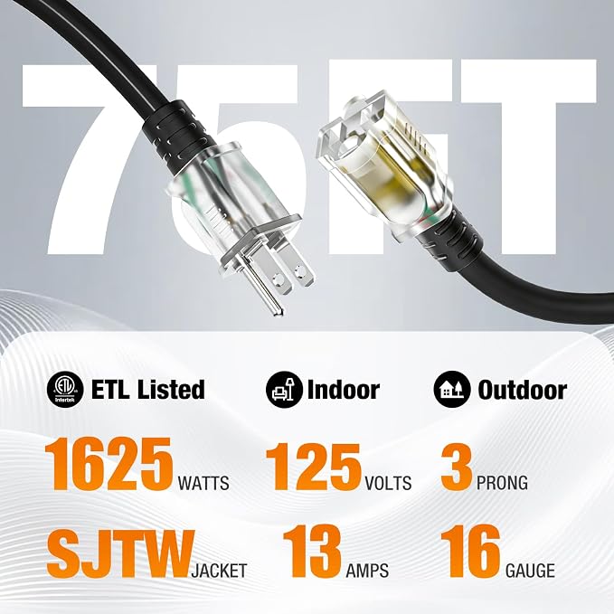 75 FT Outdoor Extension Cord Waterproof, 16/3 Gauge Heavy Duty 3 Prong Power - Image 2