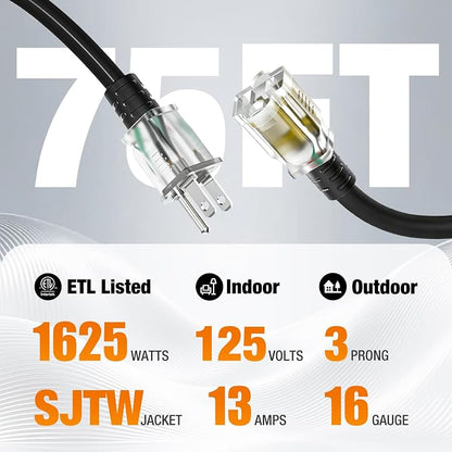75 FT Outdoor Extension Cord Waterproof, 16/3 Gauge Heavy Duty 3 Prong Power - Image 2