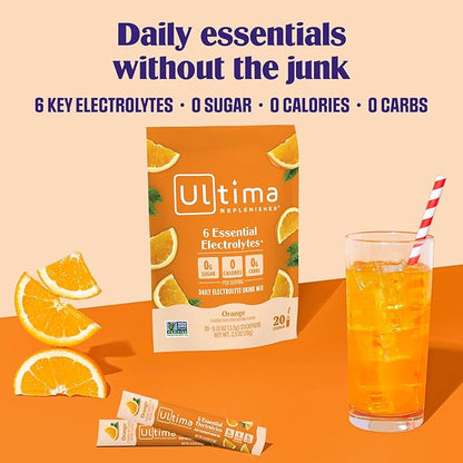 Ultima Replenisher Daily Electrolyte Powder – Orange, 20 Stickpacks – Zero - Image 2