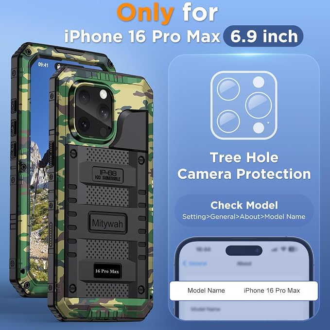 Mitywah Waterproof Case for iPhone 16 Pro Max, Heavy Duty Metal Cover - Image 2