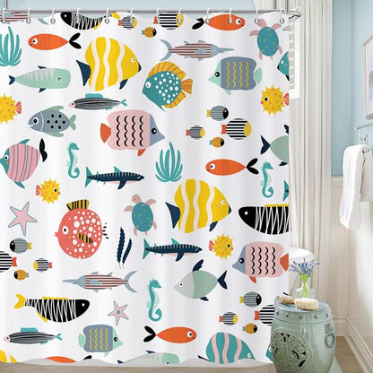 Kid Shower Curtain, Colorful Cartoon Tropical Fish Ocean Beach Theme Bath - Image 2