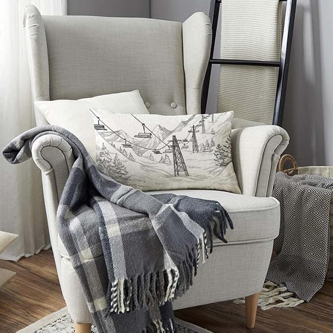 TKS MITLAN Mountain Ski Lift Pillow Cover 12x20 inch Sketch White Wintertime - Image 3