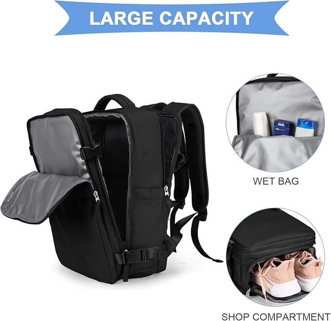 coowoz Black Travel Backpack For Women Men Airline Approved, Carry On Backpack - Image 3