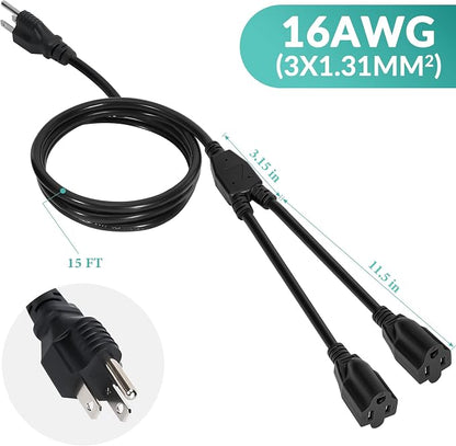 2 Way Power Cord Splitter Cable 15 Ft-3 Prong 1 to 2 Extension Cord-Outlet - Image 7