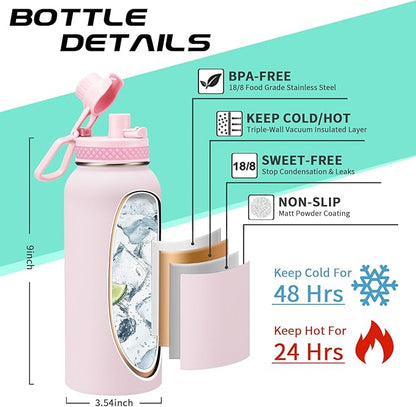 32 OZ Water Bottles with Straw, Storage Carrier Bag, Paracord Handle & Chug Lid - Image 3