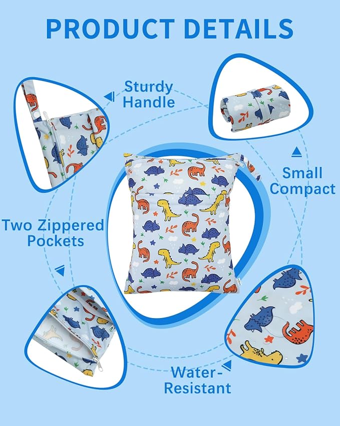 babygoal Dinosaur Wet Dry Bags 3 Pack, Waterproof Travel Bags - Image 2