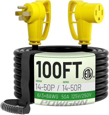 POWGRN NEMA 14-50P to NEMA 14-50R 50 Amp RV/EV Extension Cord 100 FT Outdoor by POWGRN