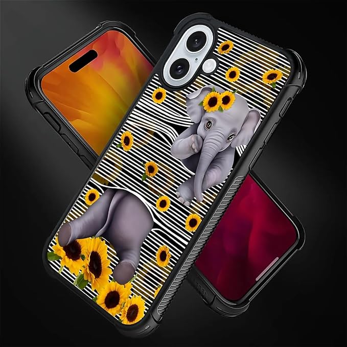 for iPhone 16 Plus Case, Cute Little Elephant Sunflower White Line Art Pattern - Image 5
