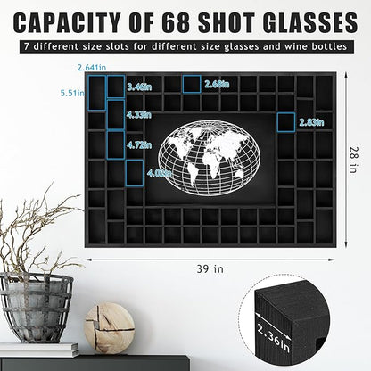GlikCeil Large World Map 68 Slots Shot Glass Display Case 40 x 28'' Rustic Wood - Image 2