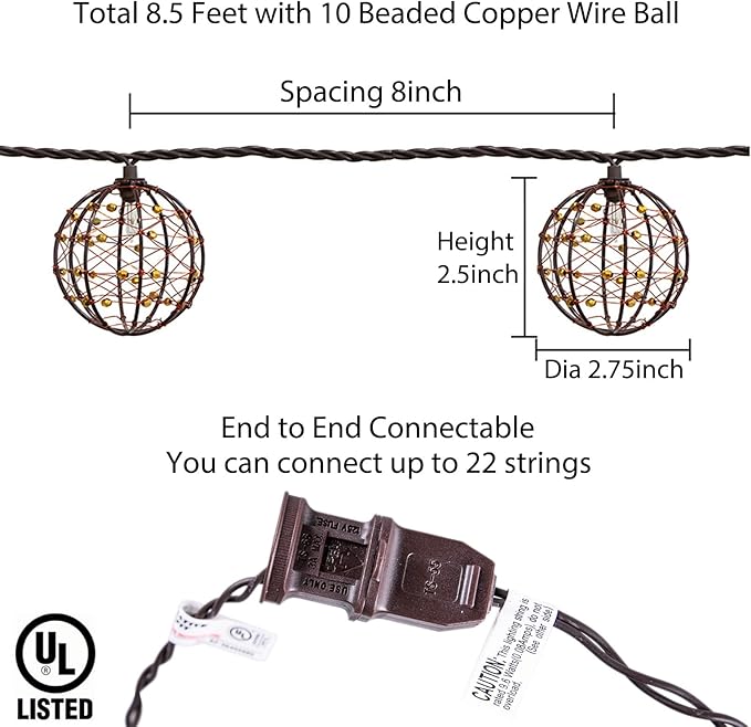 Outdoor Decorative Patio String Lights, Beaded Copper Wire Ball Style Lantern - Image 3