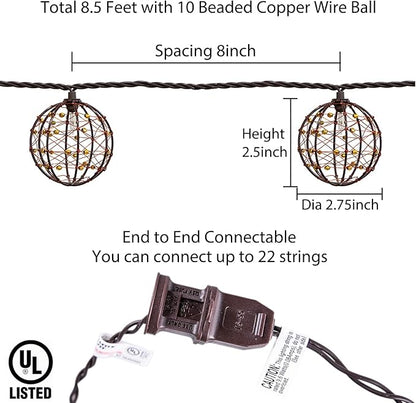 Outdoor Decorative Patio String Lights, Beaded Copper Wire Ball Style Lantern - Image 3