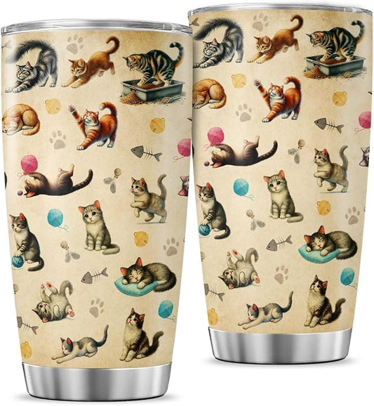 Cute Cat Pattern Travel Mug, 20oz Insulated Stainless Steel Tumbler by JENOIS