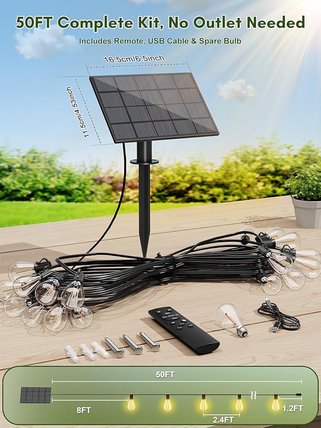50FT Solar String Lights Outdoor Waterproof, 18+1 LED Solar Powered Lights - Image 6