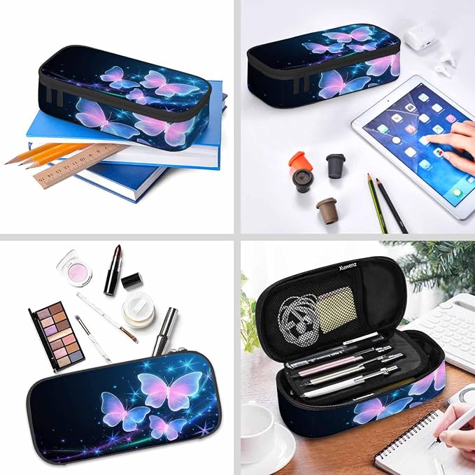 Glowing Butterflies Pencil Bag Sparkle Stars Bright Dark Blue Big Capacity - Image 6