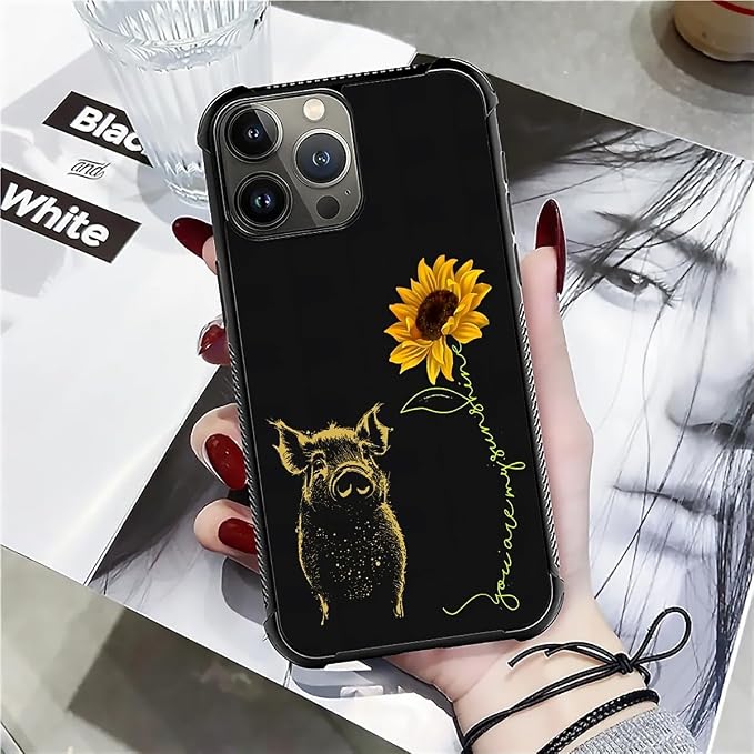 for iPhone 16 Pro Case, Pig Sunflower Yellow Sunshine Pattern Graphic Design - Image 7