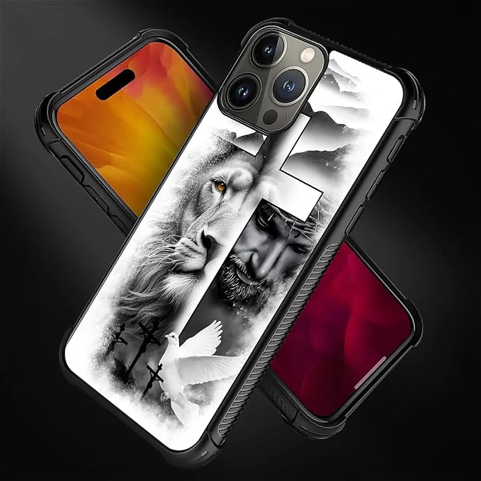 for iPhone 15 Pro Case, Lion Cross Jesus Christ Dove Pattern Graphic Design - Image 7