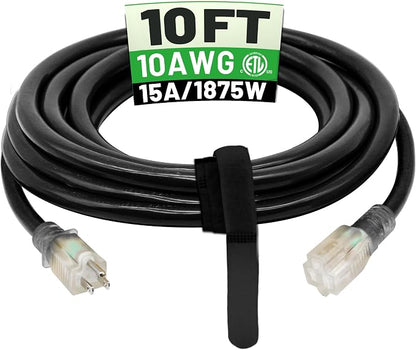 POWGRN 10 Ft 10AWG Black Outdoor Extension Cord Waterproof Heavy Duty 10 Gauge by POWGRN