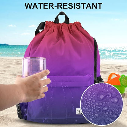 Drawstring Backpack with Mesh Pockets String Gym Bag Sackpack Sandproof Water - Image 3