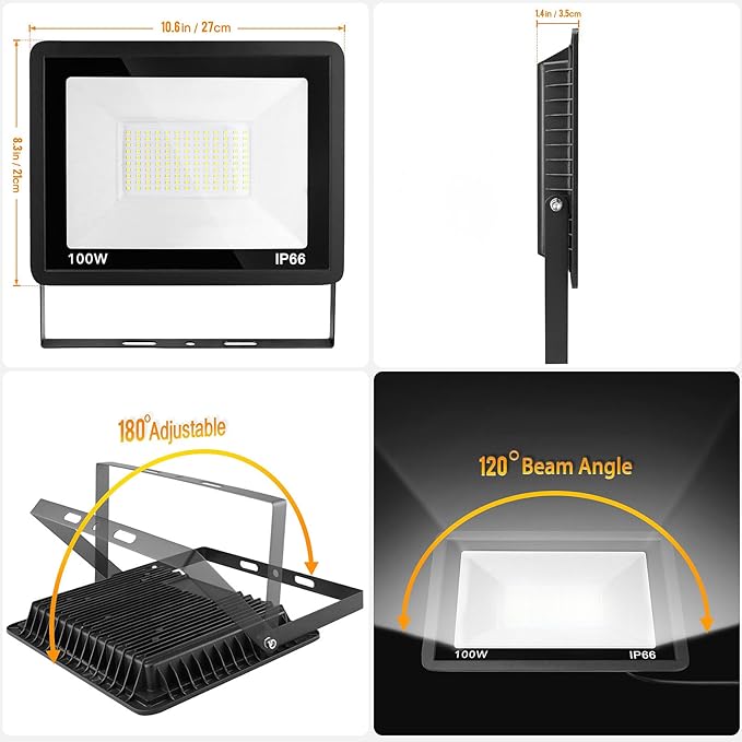 100W LED Flood Light Outdoor, IP66 Waterproof Outside Work Lights, 6500K - Image 4