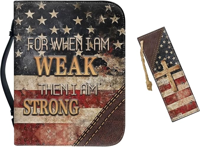 Medium Bible Cover Case for Women Men Amercan Flag and Cross PU Leather Bible by Unknown