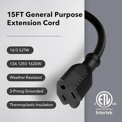 BN-LINK 15 ft Indoor/Outdoor Extension Cord 16/3 SJTW, Water & Weather Resistant - Image 2
