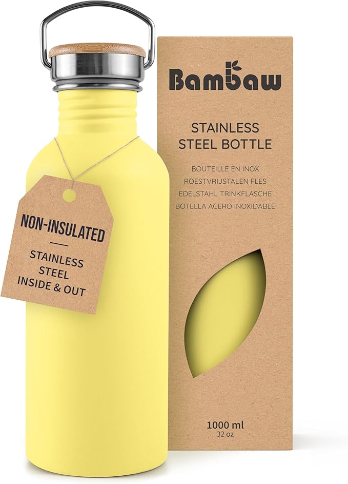 Bambaw Stainless Steel Water Bottle 32 oz, Non-insulated Yellow Beam by Bambaw