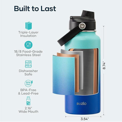BUZIO Stainless Steel Water Bottle, 32 oz Vacuum Insulated Water Bottle - Image 4