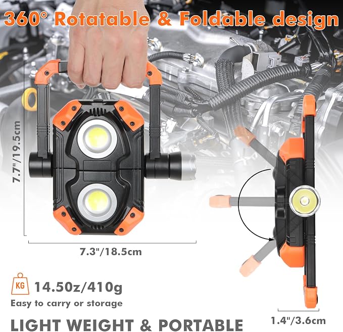 sunzone Rechargeable LED Work Light, Portable Flood Light Spotlight 2 in 1 Job - Image 5