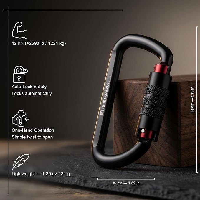 FresKaro 3inch 12kN-2698lbs Auto Locking Carabiner Clips, Solid D Shape - Image 2