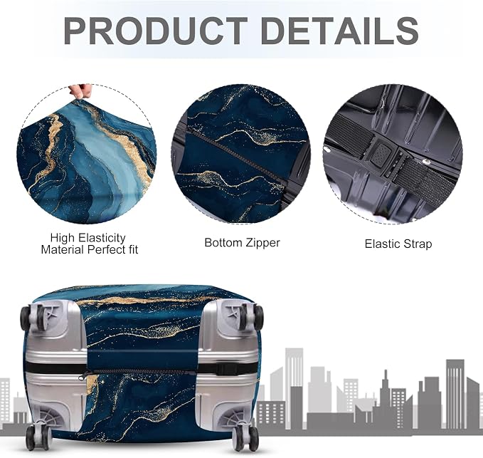 ANNA QUEEN Blue Marble Luggage Cover, Modern Gold Vein Abstract Design Suitcase - Image 4